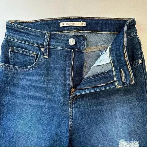 Levi’s 721 High Rise Skinny Jeans Distressed Dark Blue Denim Size 26 - Picture 13 of 16